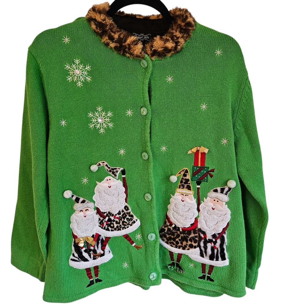 Vintage Krystal-Kobe Green Christmas Sweater with Santa Appliques Embellished L